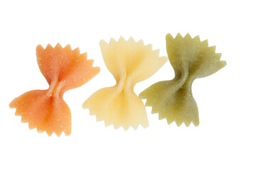 Three samples of different colors of farfalle pasta.
