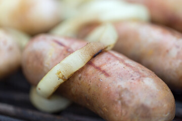 Delisious grilled sausage and onions rings.