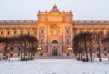 Riksdag, Swedish parliament in winter Christmas time, facade entrance view