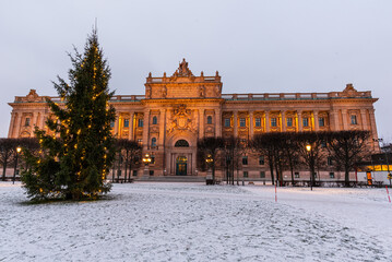 Fototapeta na wymiar Riksdag, Swedish parliament in winter Christmas time facade view