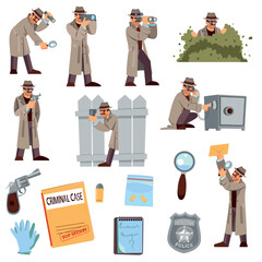 Detective or spy. Investigator finding evidences. Policy inspector. Secret character with gadgets and notebook. Man in raincoat and hat. Crime investigation set. Vector illustrations