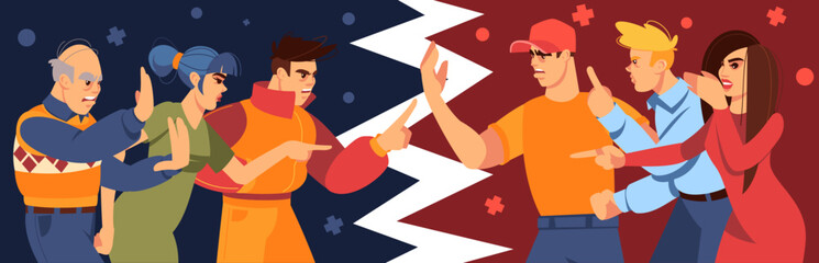 Group conflict. Communication disagreements. Two teams fight. People dispute. Society political power. Upset men and women quarreling. Confrontation split. Vector cartoon illustration