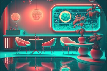 Surreal retro-future pool lounge with neon signs and cocktails.Generative AI