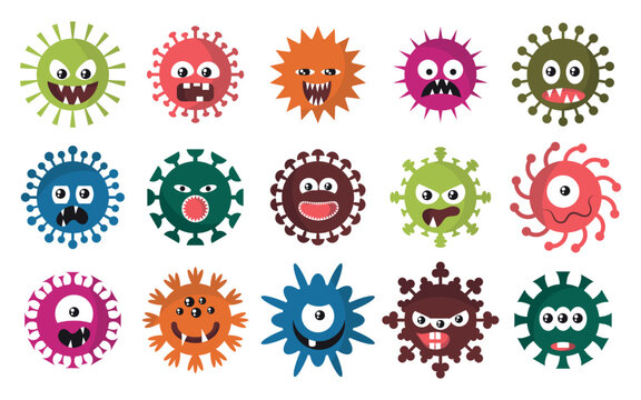 Coronavirus characters. Evil virus germ with face. Hand drawing doodle bacteria. Covid-19 animal. Circle microbe cell. Ill pathogen. Flu monsters set. Vector cartoon current illustration