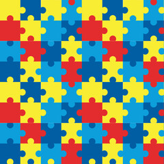World Autism Day. Bright puzzle pattern. Disability awareness. Asperger brain. Children education and health. Riddle pieces connection. Mosaic toy assemble. Vector seamless tidy concept
