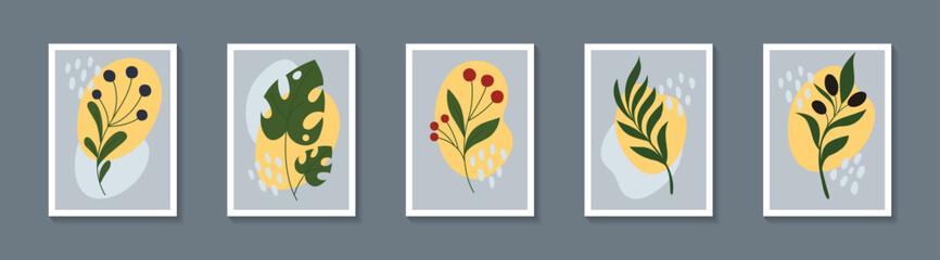 Abstract flower posters, contemporary art. Minimal plant leaf, floral summer garden, simple minimalist shapes. Olive branch and red berries. Botanical cards. Vector design tidy background