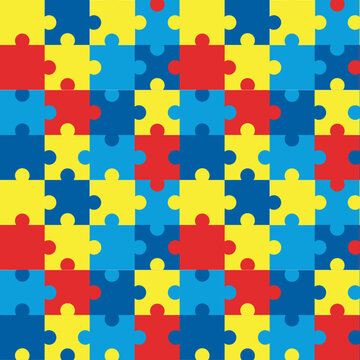 World Autism Day. Bright puzzle pattern. Disability awareness. Asperger brain. Children education and health. Riddle pieces connection. Mosaic toy assemble. Vector seamless tidy concept