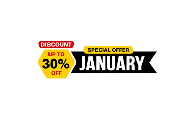 30 Percent JANUARY discount offer, clearance, promotion banner layout with sticker style. 