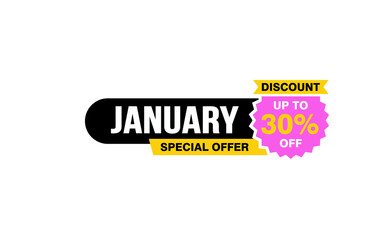 30 Percent JANUARY discount offer, clearance, promotion banner layout with sticker style. 