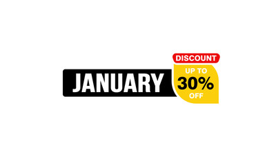 30 Percent JANUARY discount offer, clearance, promotion banner layout with sticker style. 