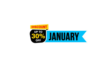 30 Percent JANUARY discount offer, clearance, promotion banner layout with sticker style. 