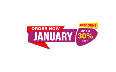 30 Percent JANUARY discount offer, clearance, promotion banner layout with sticker style. 