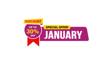 30 Percent JANUARY discount offer, clearance, promotion banner layout with sticker style. 