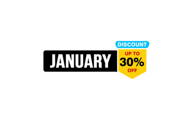 30 Percent JANUARY discount offer, clearance, promotion banner layout with sticker style. 