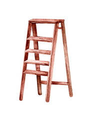 Wooden stairs with steps. Stepladder on a white background. Watercolor hand drawn illustration. Hygge