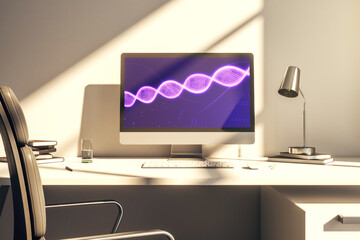 Modern computer monitor with creative DNA hologram. Bio Engineering and DNA Research concept. 3D Rendering
