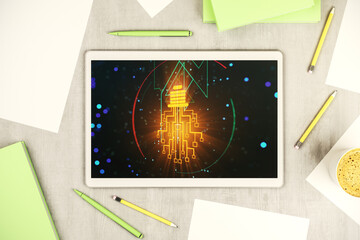 Creative light bulb illustration with microcircuit on modern digital tablet display, future technology concept. Top view. 3D Rendering