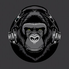 gorilla with earphones flat design, vector art, gorilla icon