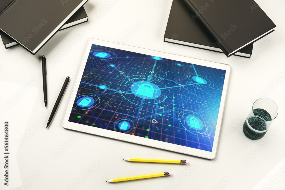 Poster Top view of modern digital tablet monitor with creative lock hologram and chip. Information security concept. 3D Rendering
