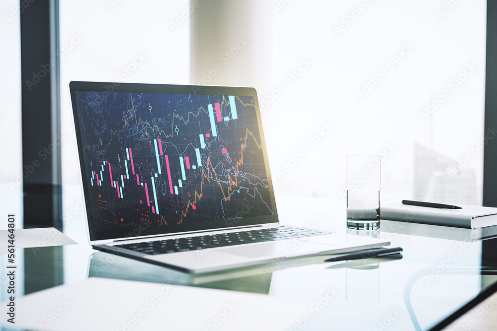 Poster Modern computer screen with abstract financial diagram, banking and accounting concept. 3D Rendering
