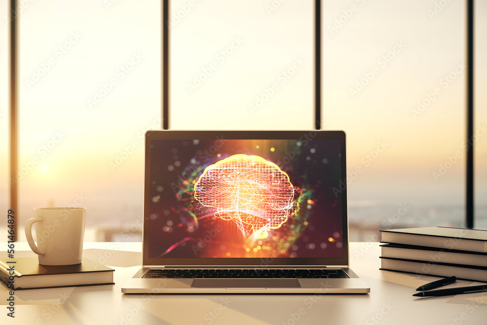 Poster creative artificial intelligence concept with human brain sketch on modern laptop monitor. 3d render