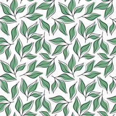 Green leaf seamless pattern vector. Abstract linear branches leaves floral backdrop illustration. Wallpaper, background, fabric, textile, print, wrapping paper or package design.