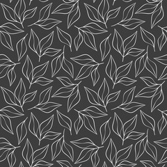 Black and white monochrome leaf seamless pattern vector. Abstract linear branches floral backdrop illustration. Hand drawn wallpaper, botanical background, print, wrapping paper or package design.
