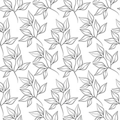 Outline leaves seamless pattern vector. Abstract linear branches floral backdrop illustration. Hand drawn wallpaper, botanical background, fabric, textile, print, wrapping paper or package design.
