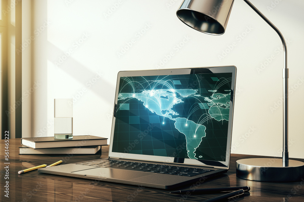 Poster abstract digital world map with connections on modern computer monitor, big data and blockchain conc