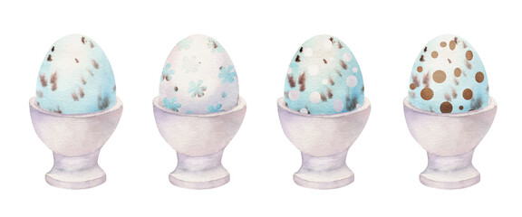 Watercolor hand drawn Easter celebration clipart. Set of painted eggs in porcelain cups. Pastel color. Isolated on white background. For invitations, gifts, greeting cards, print, textile