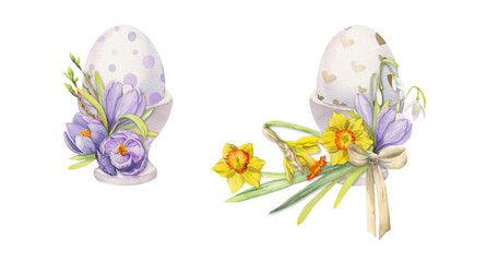 Watercolor hand drawn Easter celebration clipart. Painted eggs in porcelain cups with leaves, flowers, pastel color Isolated on white background. For invitations, gifts, greeting cards, print, textile
