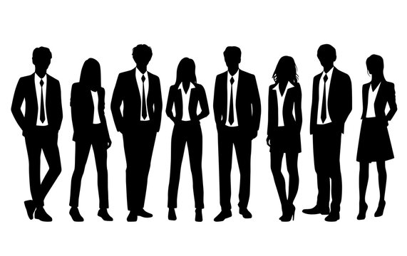 Vector silhouettes of  men and a women, a group of standing   business people, profile, black  color isolated on white background