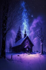 Church in the woods covered with snow, aurora on the sky, violet and blue colors. Winter night scene. Generative ai 