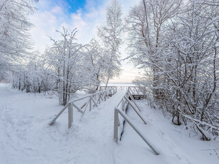 Winter landscape with snow covered trees and pier. Lake covered with thin ice.