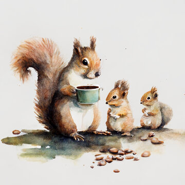 Coffee addicted squirrel with two squirrel babies