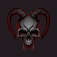 human skull with demon horns, satanic ritual flat design