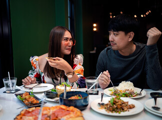 Couple celebrating dating valentines day menu with restaurant dinner, lovers and romance happy special day, Valentine's Day portrait concept