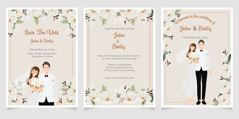 cute young wedding couple on watercolor white magnolia flower bouquet wedding invitation card template collection © Unchalee