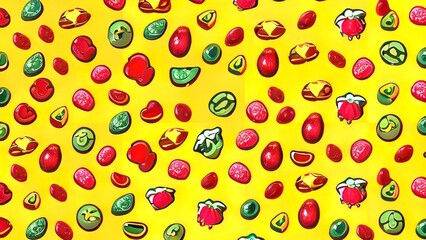 Seamless pattern of assorted gummies jelly gummy fruit sweets candy on yellow background top view flat layout.