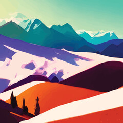 Mountain landscape with snow-capped peaks at sunset. Vector illustration - Colorful Flat Art
