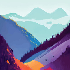 Mountain landscape with river and forest. Digital painting. Vector illustration. - Colorful Flat Art