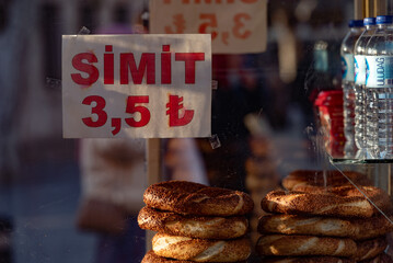 Turkish Simit for sale at 3.50 Lira. Rising inflation and currency exchange issues mean staple...
