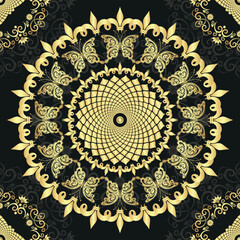 Vector golden gradient vintage  mandala on dark. Frame, seamless pattern