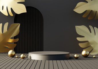 Mockup podium for product presentation and light beam 3D render illustration on black color background.