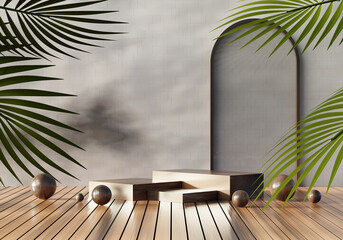 Mockup podium for product presentation and light beam 3D render illustration on cement background.