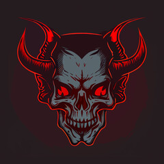 human skull with demon horns, satanic ritual flat design