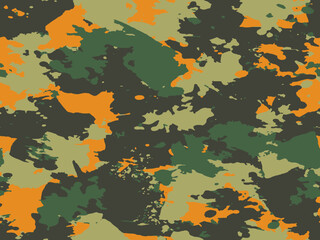 Full seamless orange camouflage texture skin pattern vector for military textile. Usable for Jacket Pants Shirt and Shorts. Green army camo design for fabric print. - obrazy, fototapety, plakaty