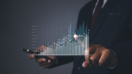 Stock market graph with man using phone financial profit stock development.