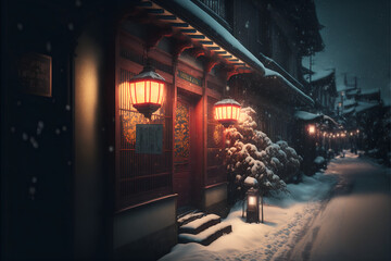 Fototapeta premium Chinese street with old houses, lanterns and snow