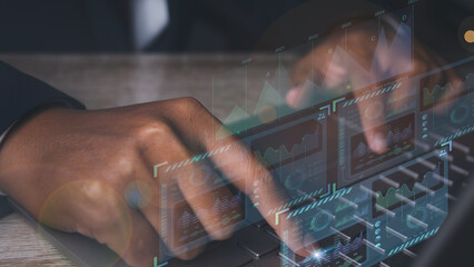 Business analysis, Analyst working Data Management System on virtual screen.